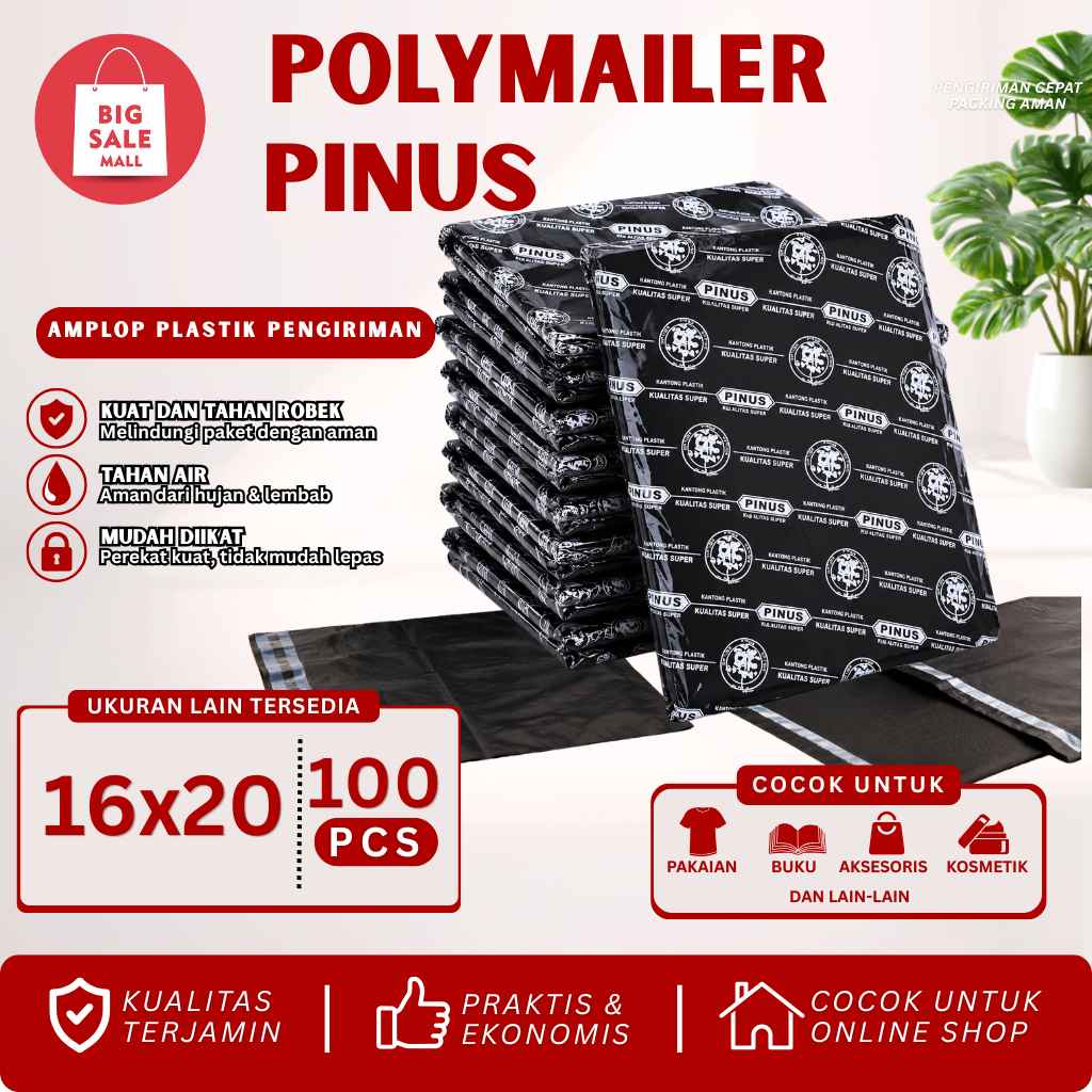 Plastik Packing Polymailer 16x20CM isi100pcs PINUS HITAM EKONOMIS