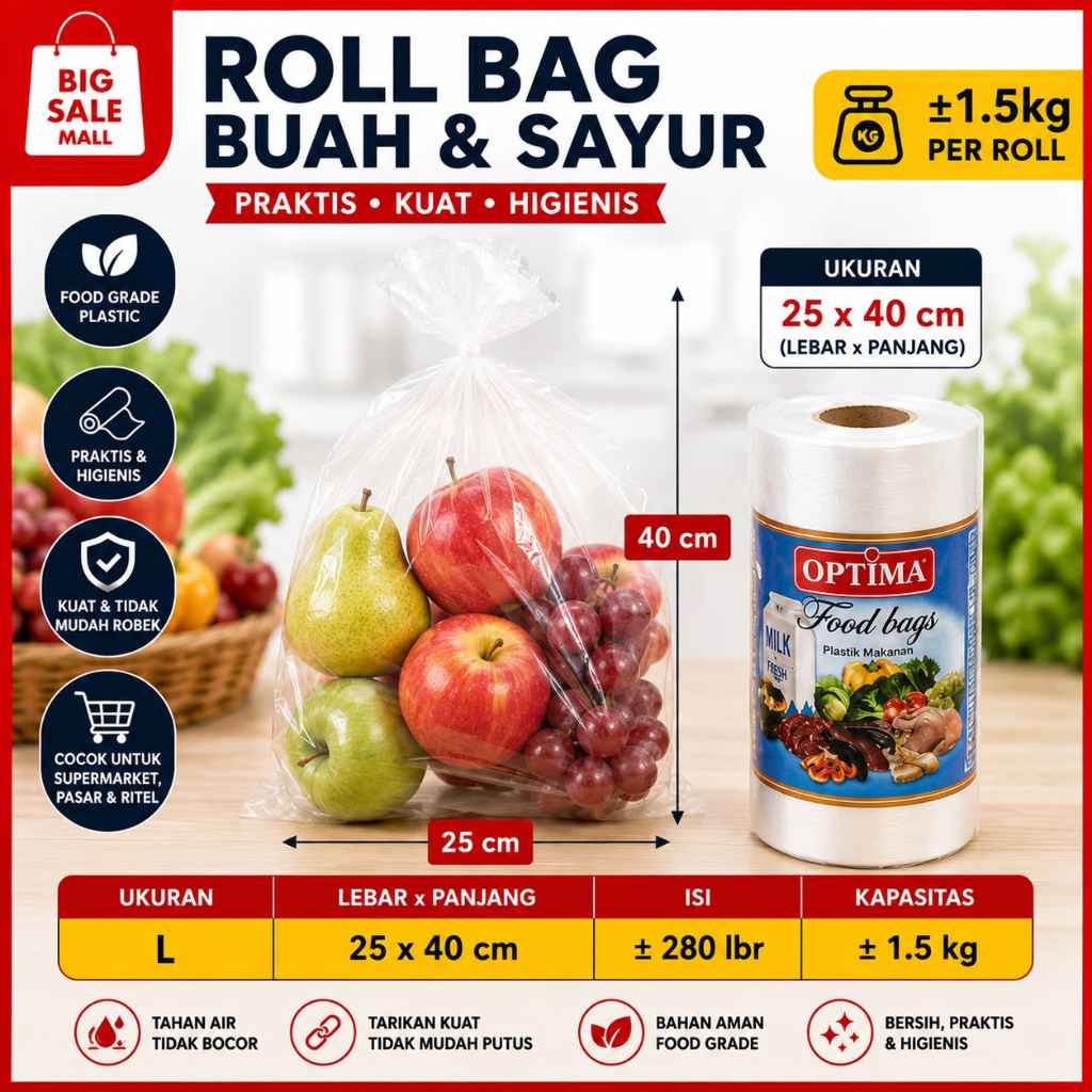 Plastik Sayur Buah Roll 30x40 *satu roll1.5kg * fotocopy Plastik Roll Food Grade