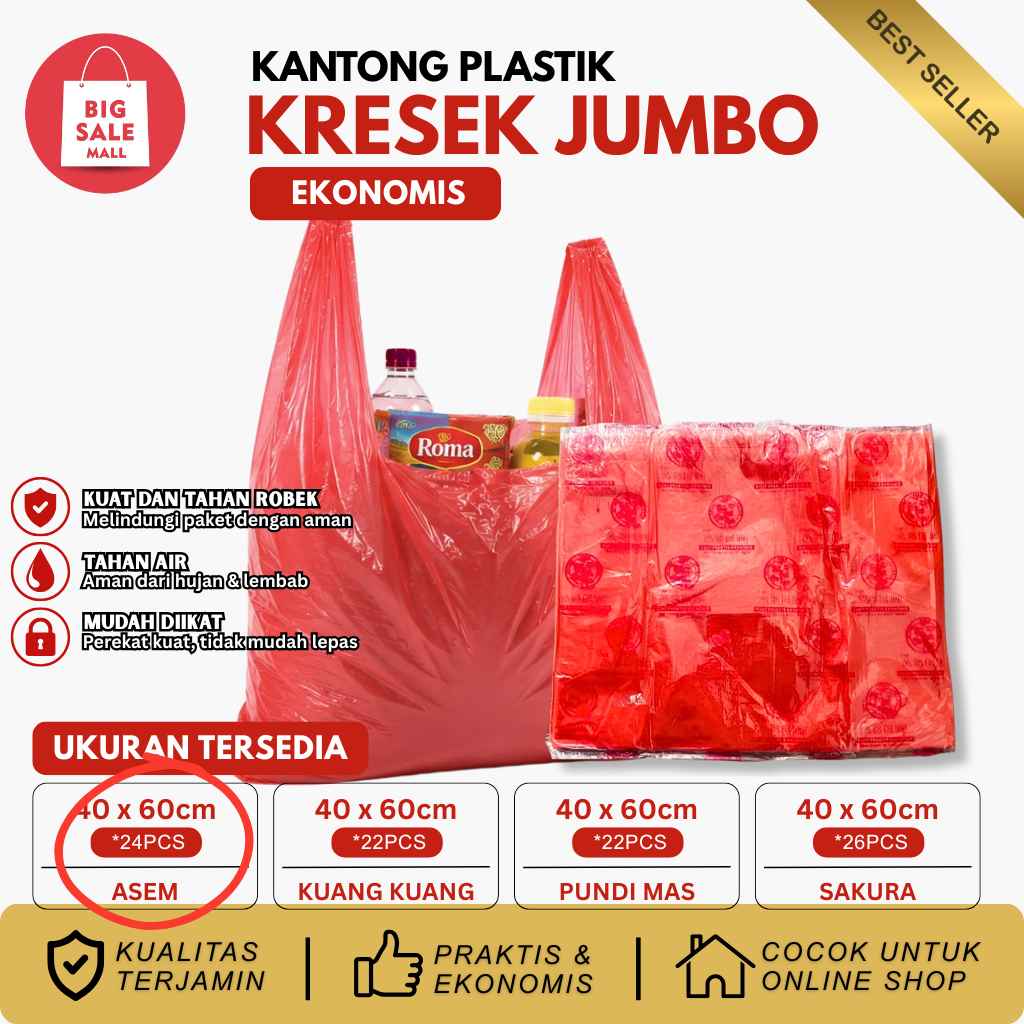 Kantong Kresek Jumbo Asem Uk40 Merah Tipis Ekonomis