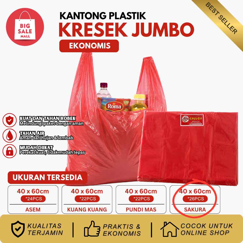 Kantong Kresek Jumbo Asem Uk40 Merah Tipis Ekonomis